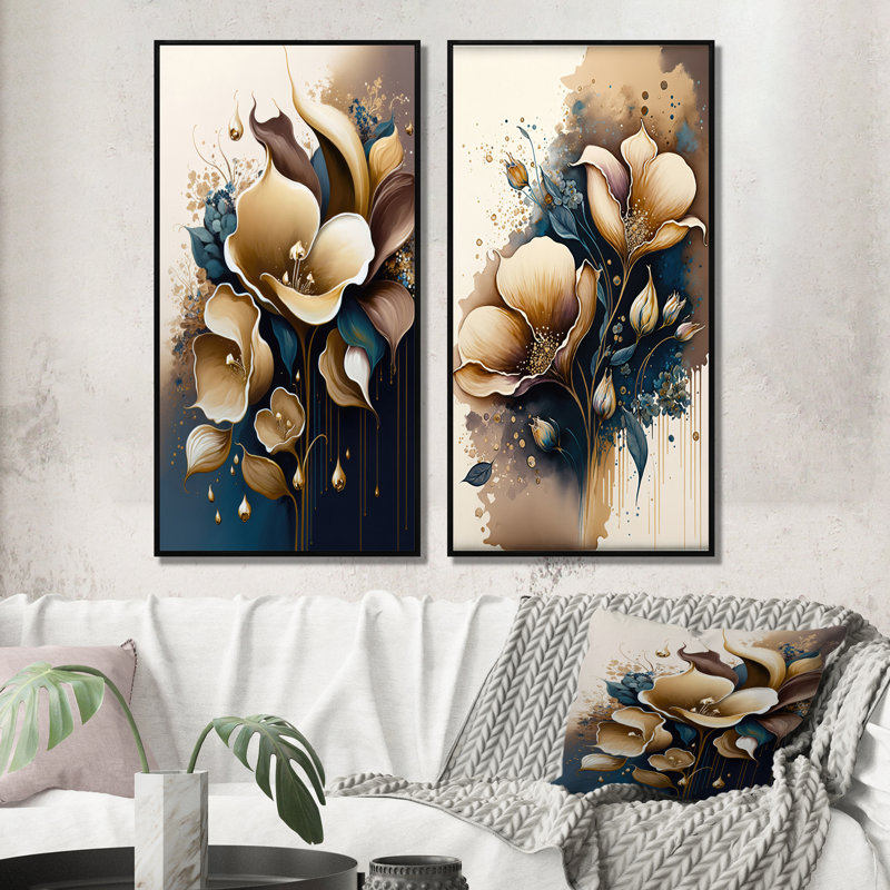 «Deep Blue Calla Lily Bouquet VI», 2 pièces sur toile, Cadre noir, H 20 po x l 24 po