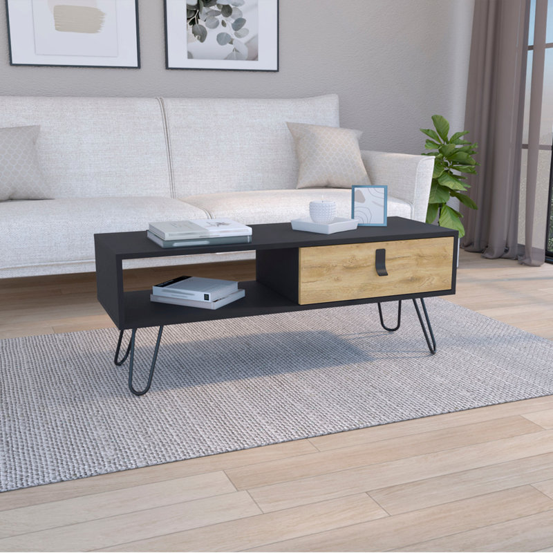 Table basse avec pieds en épingle à cheveux et grand tiroir de rangement