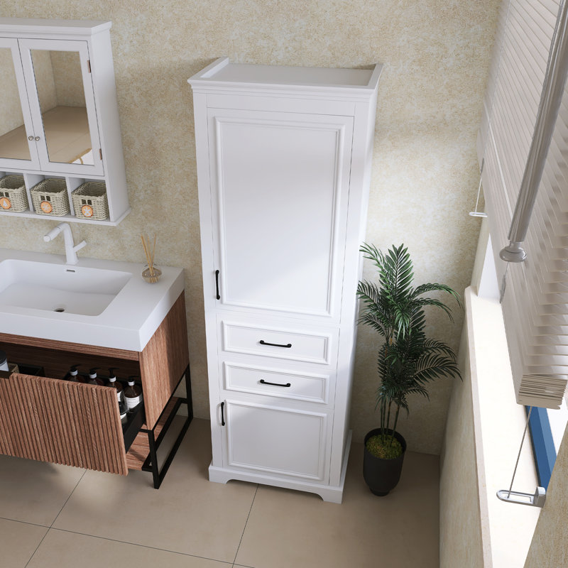 Meuble-lavabo autoportant avec portes et tiroirs à charnières amortissantes, avec un design moderne et élégant. Comprend des tablettes réglables, une tablette fixe et un rangement peu encombrant