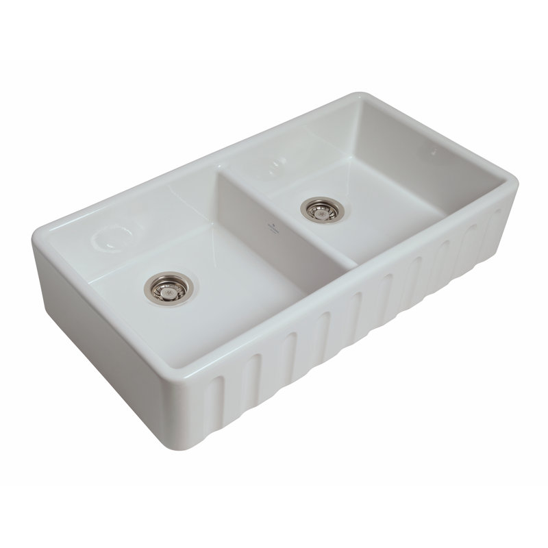 Trawden - 39.3″ L X 21.1″ W Fireclay Fluted Double Bowl Apron / Farmhouse Kitchen Sink, Gloss White
