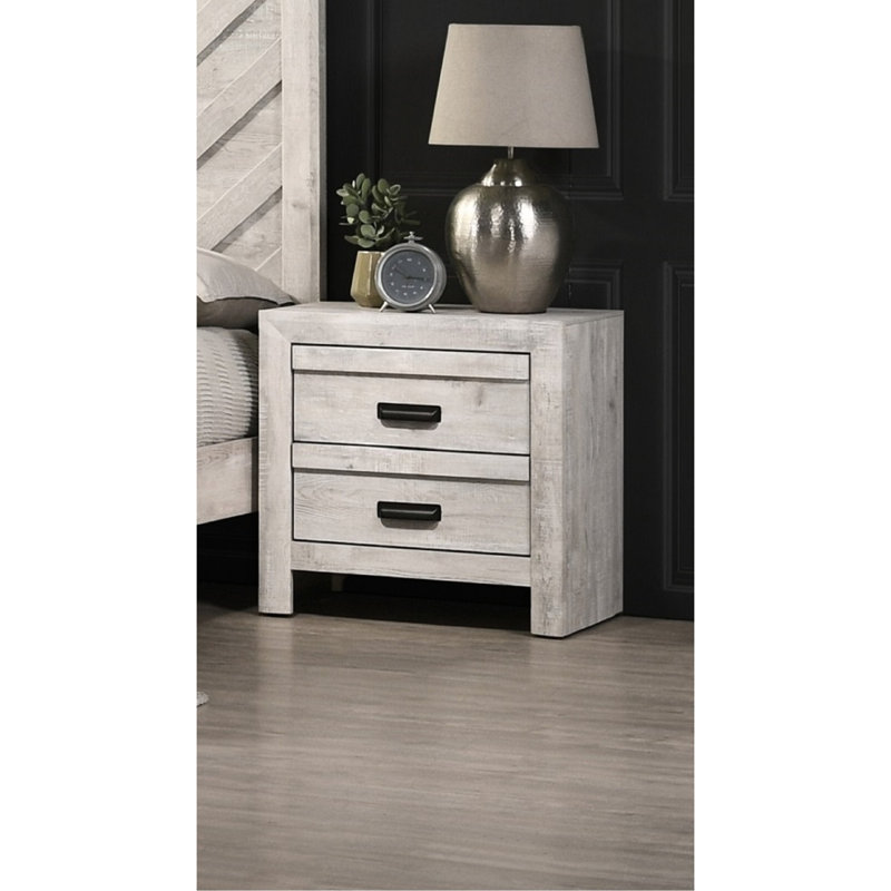 Table de chevet en bois avec 2 tiroirs - Beige, chambre à coucher, style rustique, aspect contemporain