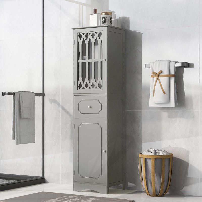 Armoire de salle de bain polyvalente et autoportante avec plusieurs compartiments et fabrication durable, Gris