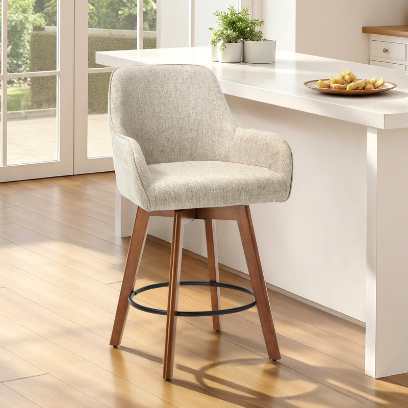 25" Swivel Full Back Counter Height Bar Stools with Solid Wood Frame and Arms, Brownish Beige
