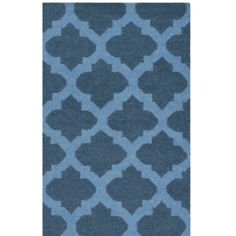 Rodgers Hand Woven Flat Weave Wool/Cotton Geometric Rug in Blue, Runner 2'6" x 10'