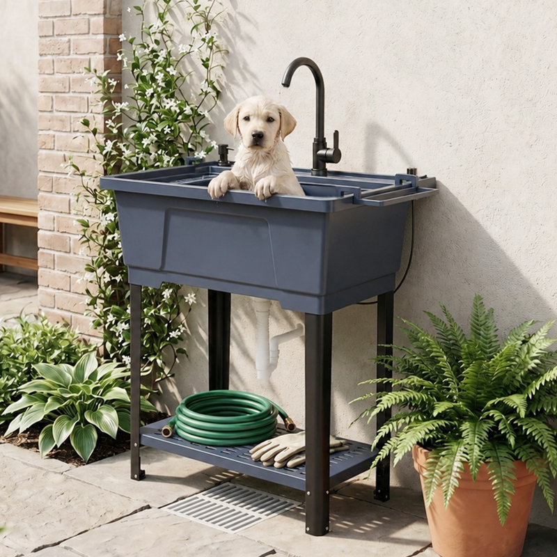 Évier utilitaire 33 pouces 25 gallons en plastique noir avec dosseret et robinet, Blue