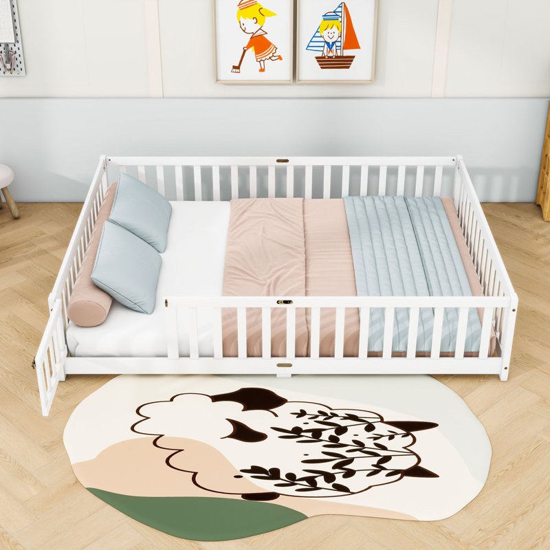 Queen Floor Bed With Safety Guardrails, White