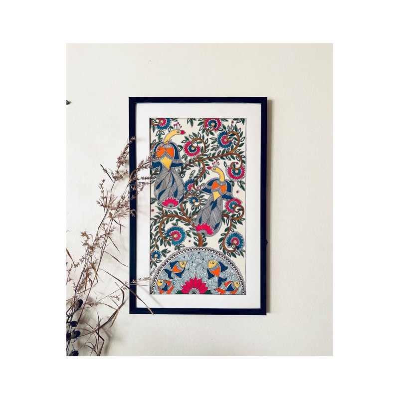 Tableau Madhubani paon et poisson | Acrylique sur papier fait à la main | Avec cadre