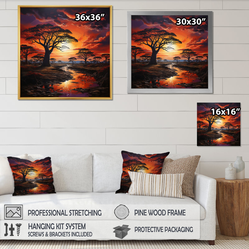 Baobab arbre coucher de soleil rêverie sur toile, H 30 po x l 30 po x P 1 po, Cadre naturel flottant