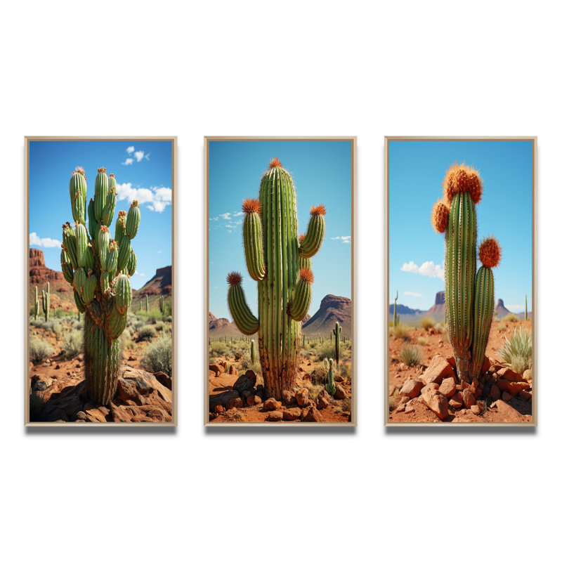 «Green Blue Cactus Desert Guardian Organ», 3 pièces sur toile, Encadré naturel, H 28 po x l 36 po