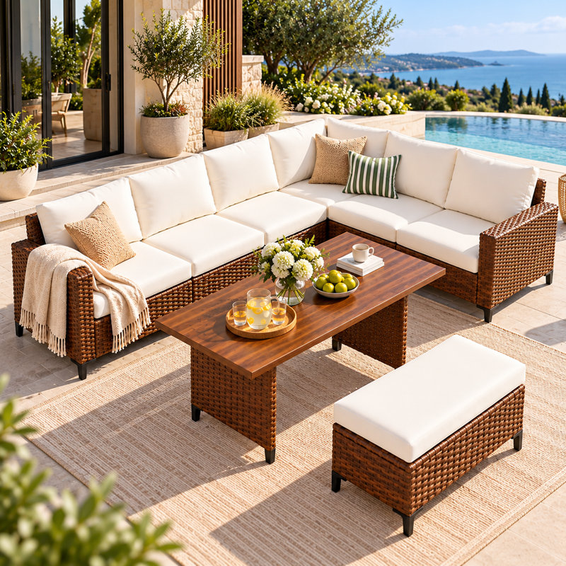 Ensemble de conversation modulaire avec coussins 7 pièces Taloga, Bleu