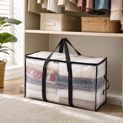 Sac de rangement transparent à poches avec poignées de transport et fermeture éclair. Grande capacité pour la literie, les vêtements et l'organisation du déménagement. Disponible en trois tailles.