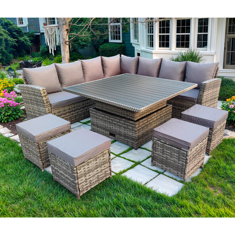 Rosen 11 Seater Corner Sofa Cube Set With Lift-Up Dining Table With Raincover Grey