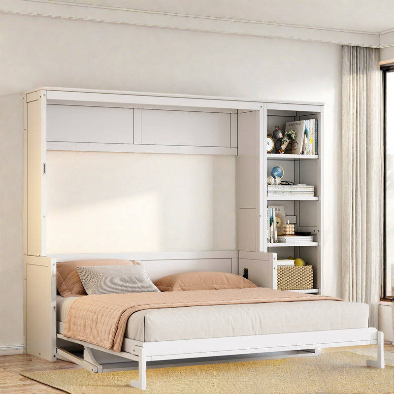 Lit escamotable avec bureau et tablettes Murphy, Blanc, Grand lit