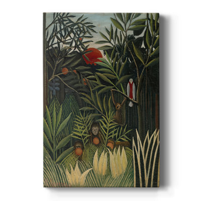 Singes et perroquet dans la forêt vierge - Toile tendue avec châssis par Henri Rousseau