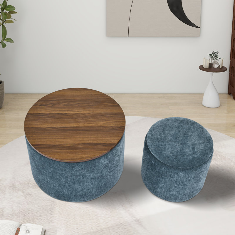 Fenko 23.62" Wide Chenille Round Storage Ottoman with Small Bench and Storage Space, Blue