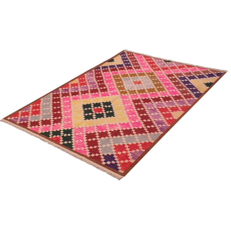 Tapis rouge / rose / brun en laine tissé à plat à la main à la main 6 pi 7 po x 9 pi 6 po Ardita