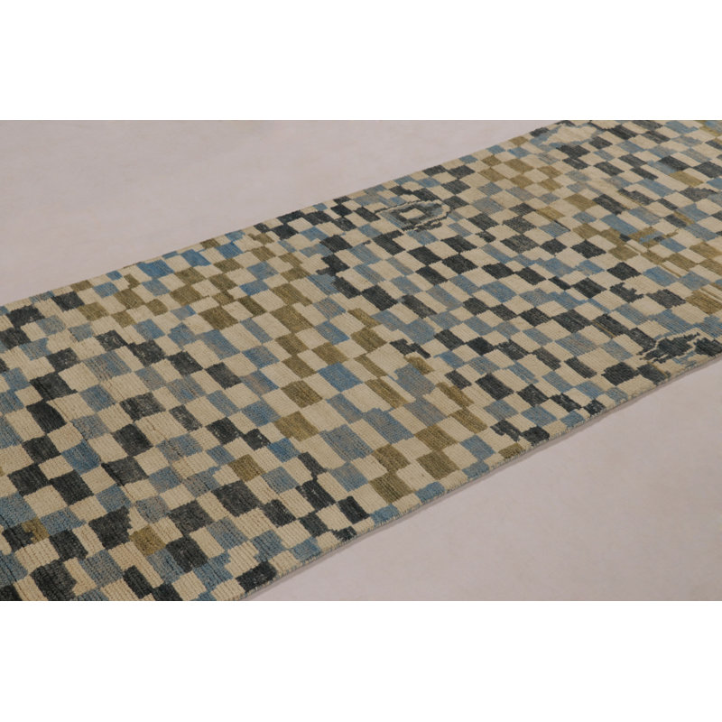 Moroccan Hand Knotted Abstract Area Rug, Runner 3' x 10'