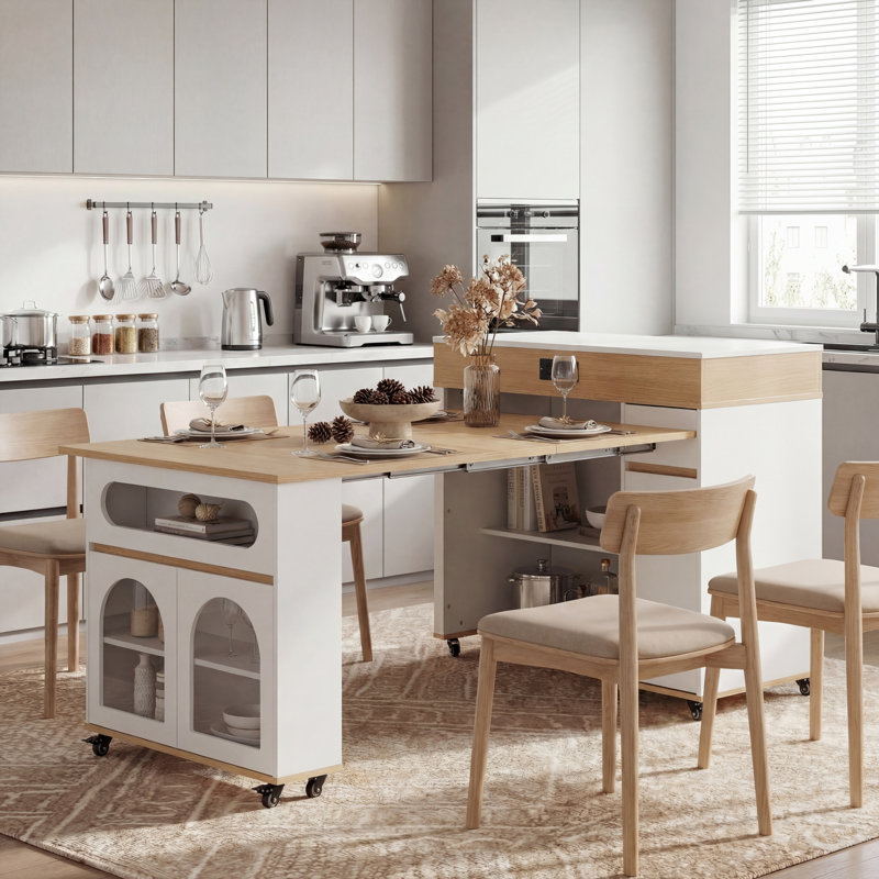 Table de salle à manger extensible pour îlot de cuisine avec plateau pliable, tiroirs, prise de courant et verrou de frein, armoire de rangement