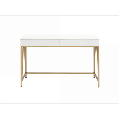 Bureau d'écriture blanc moderne ultra brillant avec 2 tiroirs et bureaux Pieds en métal doré | Blanc, métal