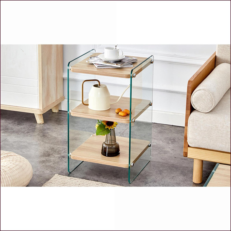 Table de chevet moderne à 3 couches - Bois aggloméré avec rangement en verre trempé