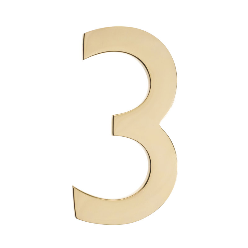Numéro de maison à fixation affleurante, Trois, Polished Brass, 4 pouces