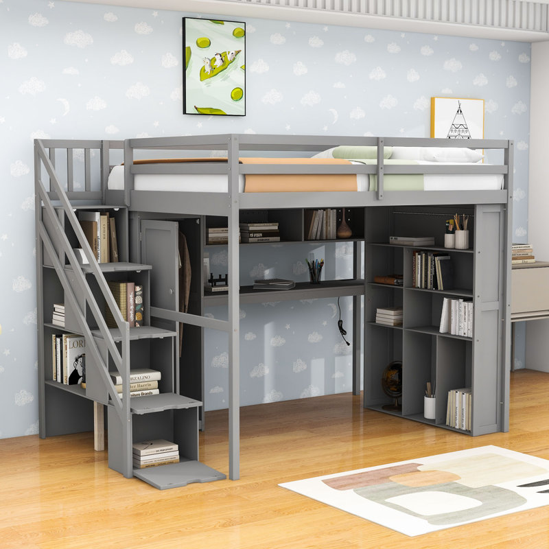 Lit mezzanine double avec escalier intégré, bureau et éclairage DEL, Gris
