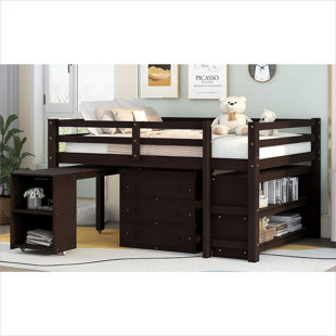 Solid Wood Multifunctional Full Size Loft Bed Frame with Cabinet, Shelves and Rolling Portable Desk, Brown-toned