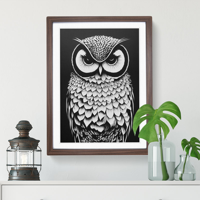 Owl Monochrome No.5 - Framed Print, 64cm H x 46cm W x 2cm D, Walnut
