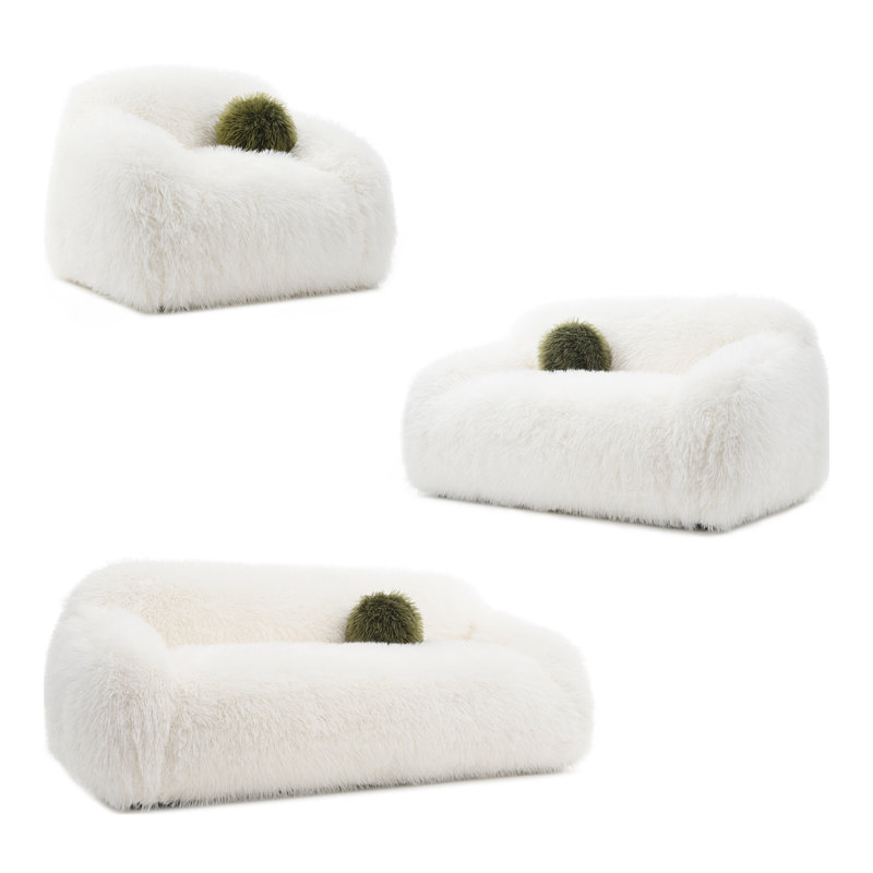 Ensemble de canapé 3 pièces en fausse fourrure avec coussin boule Leann, 3 pièces: canapé, causeuse, fauteuil, Blanc