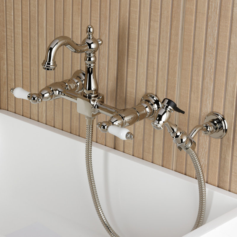 Kingston Brass Heritage Double-Handle 3-Hole Wall-Mount Bridge Kitchen Faucet With Brass Sprayer, Polished Nickel