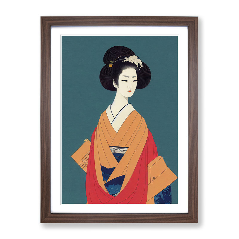 Traditional Geisha No.5 - Wall Art, 36cm H x 27cm W, Walnut Framed, White