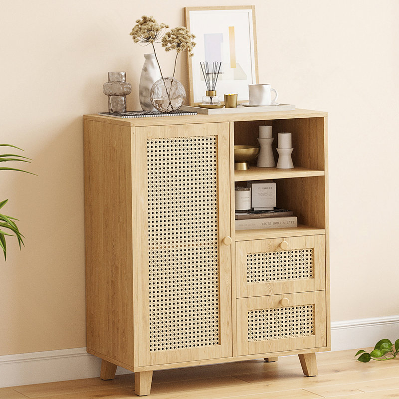 Buffet en rotin avec tablette réglable, buffet avec tiroirs pour le salon, la cuisine, le vestibule, Naturel