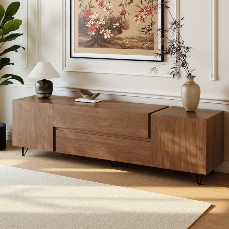 Modern 71" Walnut Wood TV Stand with Ample Storage Drawers and Cabinets - Mid-Century Inspired Media Console for Living Room Entertainment Center