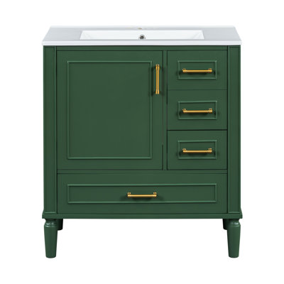 Buffet 30 po avec fonction de fermeture en douceur, trois tiroirs, lavabo en céramique, poignées dorées, meuble-lavabo compact en teinte, portes, petites salles de bain