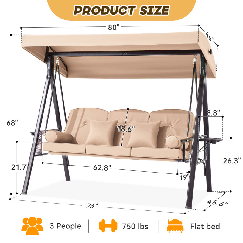 Balancelle de patio à 3 places avec auvent ajustable Arlmont & Co., Beige