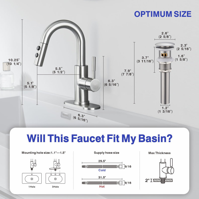 Single Handle High Arc Bathroom Sink Faucet with Pull Out Sprayer and Pop Up Drain, Brushed Nickel