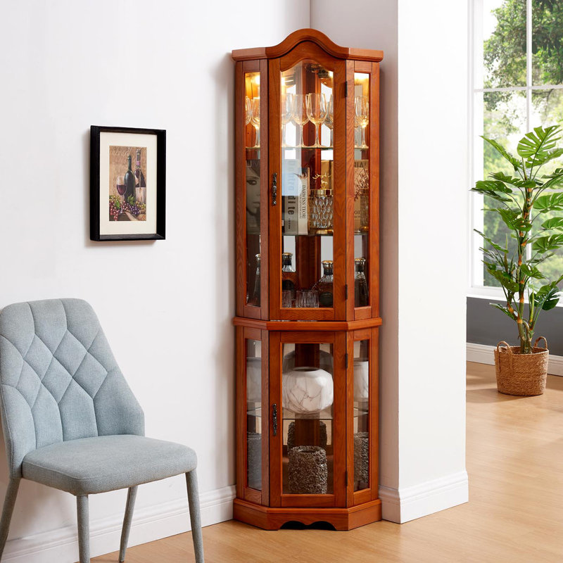 Curio Cabinet Lighted Glass Display Curio Cabinet W/Tempered Glass Doors And Shelves, Crown Corner Cabinet With Bulb, Corner Storage Decoration For Living Room And Bedroom OAK