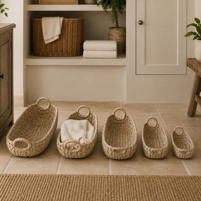 Asilin Seagrass Handmade Decorative and Functional Storage Basket with Metal Handles
