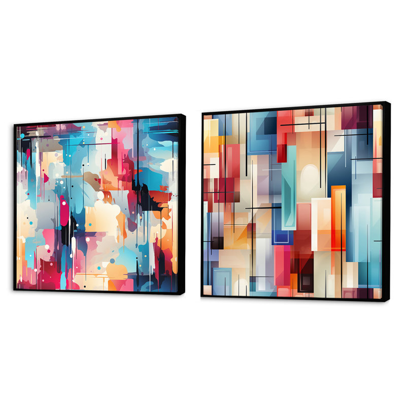 Cristiona - Ensemble de 2 collages carrés abstraits, Cadre flottant noir, H 16 po x l 33 po