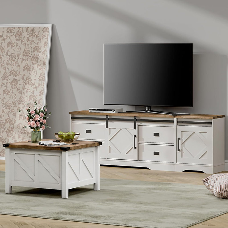 Meuble télé et table basse pour 2 téléviseurs de 85 po avec tiroirs et tablette ajustable, blanc, Bois de chêne, Blanc