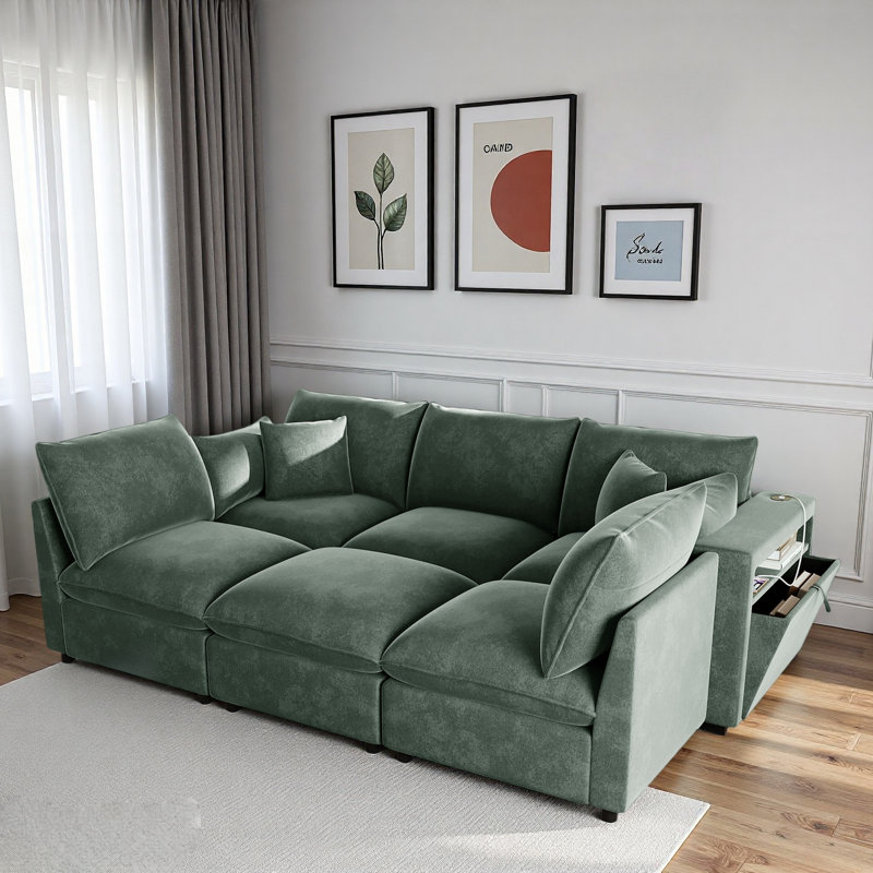 Canapé modulaire moderne avec repose-pieds mobile, accoudoirs de rangement et ports USB, Chenille verte