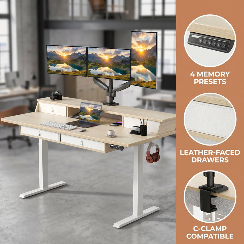 Jeneffer Computer Standing Desk with 4 Drawers for Home Office，Electric Height Adjustable Gaming Desk with Storage Shelf