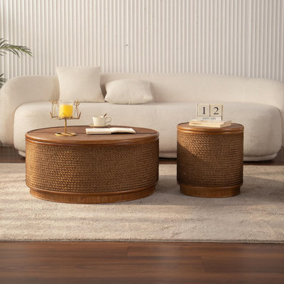 Table basse ronde en rotin avec rangement amovible, garniture en corde de chanvre tissée à la main, style boho-chic, parfaite pour les salons confortables et les espaces compacts