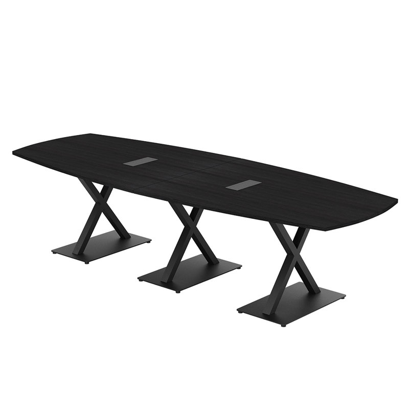 Table de conférence Pavert Arc Boat avec base en X en métal | Unité électrique, H 30 po x l 120 po x P 48 po, Cyprès noir