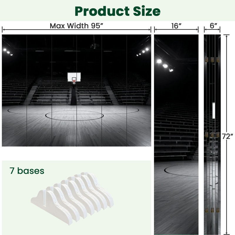 6 panneaux de paravents pliables paravent Royal Black White Court de basket-ball vide plancher en bois toile séparateur de pièce séparateur de protection autoportant cloison d'intimité