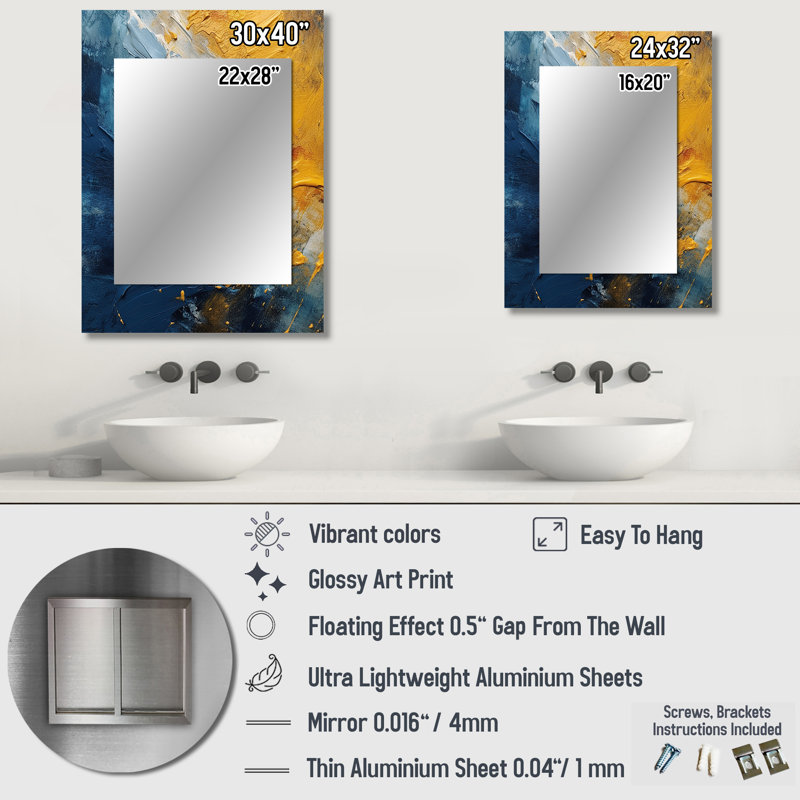 Blue and Yellow Intuitive Expressions II - Abstract Decorative Mirror, Modern Wall Mirror, Printed Metal Art, 32" x 24"