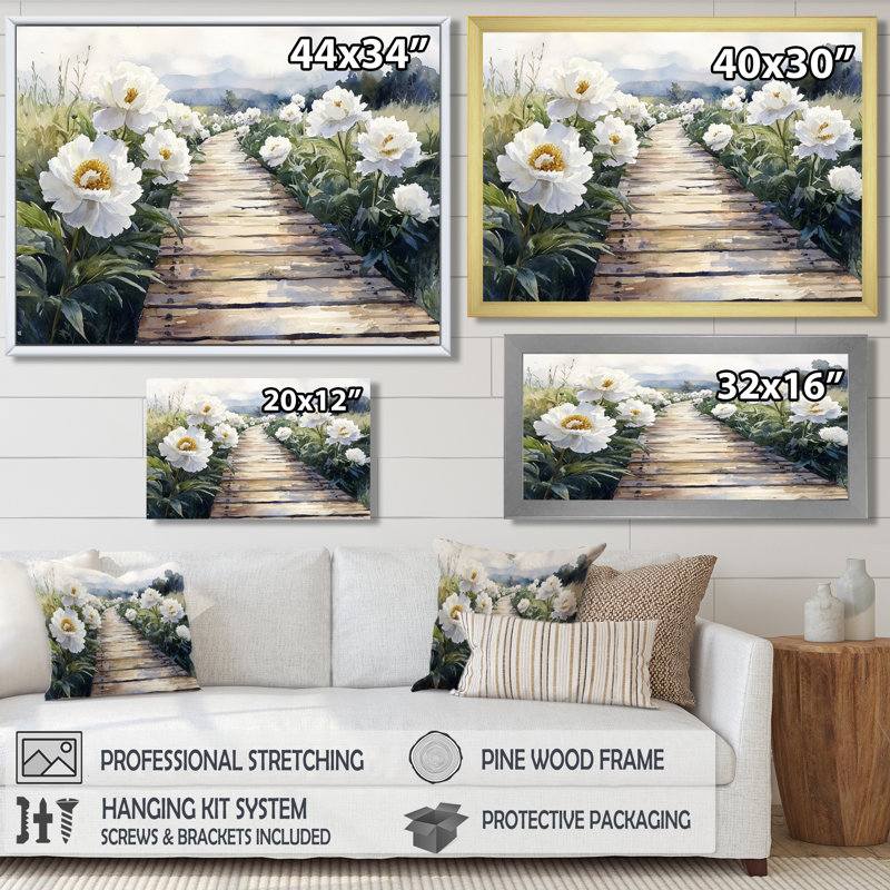 Pivoines le long de l'allée en bois II - pivoines, art mural, H 34 po x l 44 po, Impression encadrée flottante, Blanc
