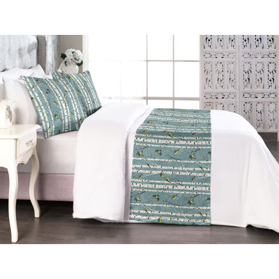 Ambesonne Bird Print Bed Runner Set Winter Forest Snowy Art Cadet Blue Yellow and Grey