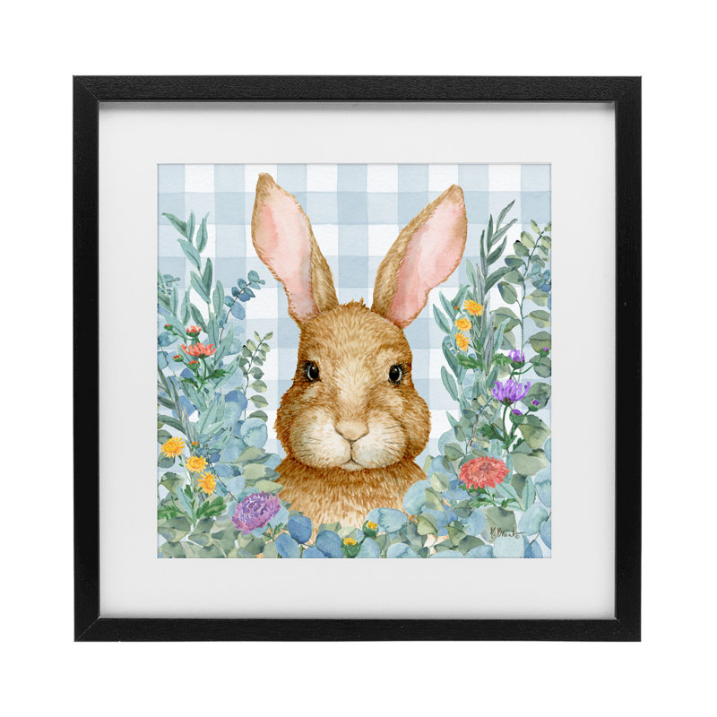 «Rabbit Laurel on Gingham», reproduction sous verre encadrée, design par Paul Brent, H 16 po x l 16 po, Cadre noir minuit