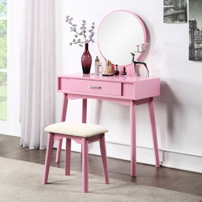 Contemporary Pink Vanity And Stool With Build Stylish Details Wood Storage Drawer